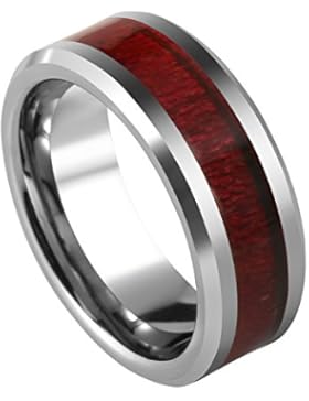 PiercingJ Herren Wolfram Ring mit Rot Holz Tungsten Ring Ehering Hochzeitsring Wedding Band Ring 8mm, silber,...