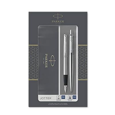 Parker Jotter Duo Coffret-cadeau avec Stylo Bille et stylo plume, acier inoxydable avec attributs chromés, Recharge et Cartouches d'encre bleue, Coffret-cadeau