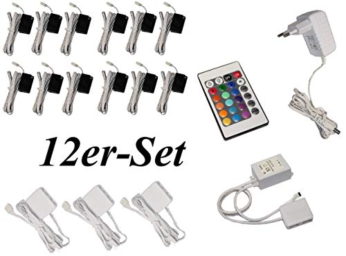 Trango 12er Set TG5022-12 RGB RGB Farbwechsel LED Glaskantenbeleuchtung I Schrankbeleuchtung I Glasbodenbeleuchtung I Vitrinenbeleuchtung Clip I Möbelbeleuchtung I Vitrine Beleuchtung