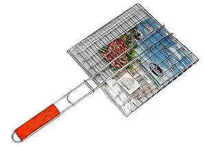 KIRFIZ Stainless Steel Portable BBQ Grill Fish Net Basket Roast Grilling with Wooden Handle,Barbecue Meshes Camping Grill BBQ Clip Folder Grill Single Meat Fish Vegetable BBQ Tool -26.3L x 5.9W inch