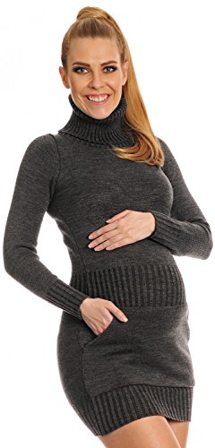 Happy Mama Women's Maternity Stretchy Knitted Tunic Mini Dress Roll Neck. 178p (Graphite, UK 8/10)