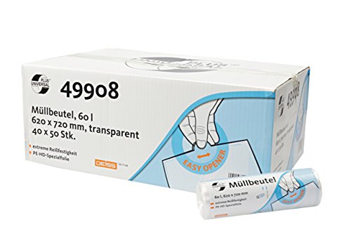 DEISS UNIVERSAL 49908 Müllbeutel mit bedruckter Banderole, 60 L, 620 mm x 720 mm, 50 pro Rolle, Transparent