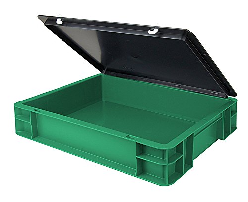 Euro-Transport-Stapelbox / Lagerbehälter, grün, mit schwarzem Verschlußdeckel, 400x300x86 mm (LxBxH), Wände u. Boden geschlossen, aus PPN