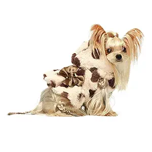 Fitwarm Fluffy Faux Fur Polka Dot Dog Dresses with Bowknot Doggie Dot Dress Button Girl Dog Coats Pet Jackets Cat Winter Clothes Hoodie Sweatshirt Brown Medium