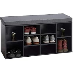 ts-ideen Meuble à Chaussures Banc Assise Vestibule Meuble de Rangement MDF Noir Structure Bois Coussin Gris Foncé