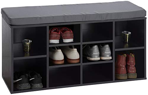 ts-ideen Meuble à Chaussures Banc Assise Vestibule Meuble de Rangement MDF Noir Structure Bois Coussin Gris Foncé