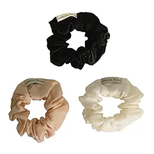 Mulberry Silk Premium Hair Scrunchies for Women, Set Of 3 (Ivory, Creamy Beige, Black) For All Hair Types, Exclusive Accessories Gift-Pack, Soft, Comfortable, Fashionable Hair Ties