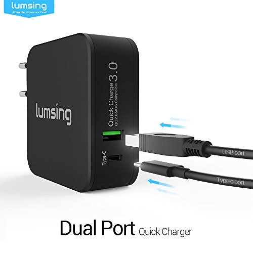 Lumsing Dual Port 18W Quick Charge 3,0 USB Wandladegerät +29W USB C Ladegerät Wand Ladeadapter für Apple Macbook, Google Nexus 6P, HTC 10, Galaxz S7, LG G5 und andere Smartphone Geräte(Schwarz) - 7