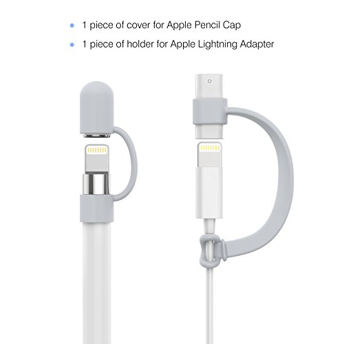 MoKo Stift Kappehalter für Apple Pencil – 2x Premium soft Silikon Schutzkappe/ Schreibfeder-Abdeckung/ Halterung für iPad Pro 9.7 12.9 Zoll Pen und iPhone iPad Lightning Kable Adapter, Grau - 3