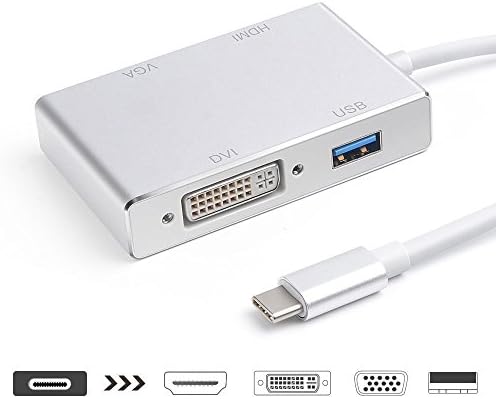 USB C to HDMI VGA DVI Adapter Converter Cable Grace 4 in 1 Unisex 4 K/60Hz with 2 Port USB 3.0 to Macbook/Chromebook Pixel and more (Silver) Silver