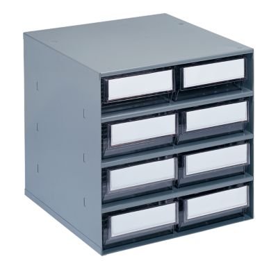 Schubladenmagazin, Gehäuse-Traglast 75 kg - HxBxT 395 x 380 x 400 mm, 8 Schubladen - Schubladen rot - Klarsichtmagazin Kleinteilemagazin Lagersystem Magazin Schubladenmagazin Schubladensystem