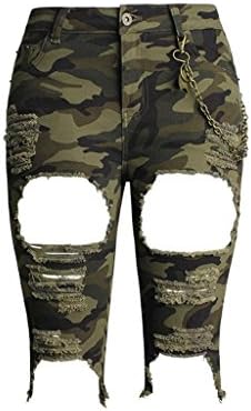 Byjia Women'S Shorts High Waist Stretch Denim Jeans Clubwear Clothing Loose Hot Pants Floral Camouflage Medium Holes . Green . 40