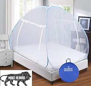 Backbone Mosquito Net, Polyester, Foldable for Double Bed, Strong 30GSM net, High Durability, Corrosion Resistant, Lightweight Free Saviours - King Size, Blue White