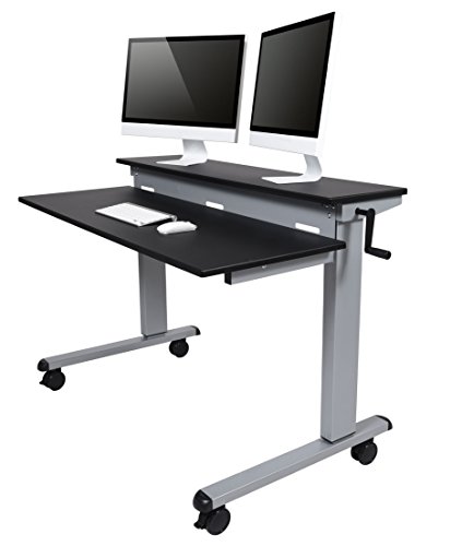 Crank Stand Up Desk (120cm, Silver Frame / Black Top) - Crank Adjustable Standing Desk with Casters
