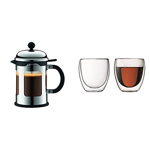 examen Bodum 11171-16 New-Chambord Cafetière à Piston / Bec Verseur 4 Tasses / 0,5 L + Set de 2 verres Pavina 25 cl