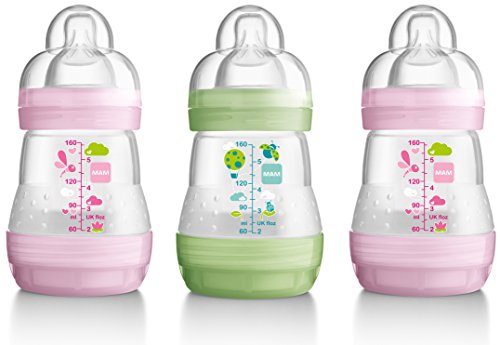 MAM Anti Colic Self Sterilising Bottles 160 ml - Pink/Green, 3-Pack