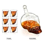 7pcs 1 Bouteille 1L + 6 Verres 75 ML, Ensemble Verres Shooter et Bouteille crâne Cristal Tete de Mort pour Alcool Vodka Whisky, Fête, Bar, Dîner