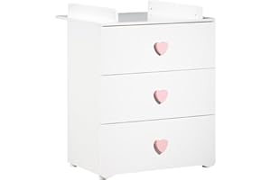BABY PRICE Commode bébé | Commode 3 tiroirs | Plan à Langer Inclus | Boutons Coeur Rose Basic | 76 x 97 x 66 cm | Fabriqué en France | Babyprice par Sauthon