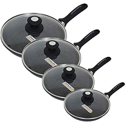 Les Grands Chefs Professionnel - Poêle Pierre revêtement antiadhésif renforcé 3 Couches GREBLON C3+ Technologie Allemande sans PFOA - Manche Amovible, Couvercle et Disque Anti-Rayures (Lot DE 4)