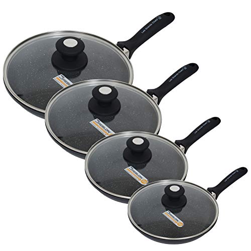 Les Grands Chefs Professionnel - Poêle Pierre revêtement antiadhésif renforcé 3 Couches GREBLON C3+ Technologie Allemande sans PFOA - Manche Amovible, Couvercle et Disque Anti-Rayures (Lot DE 4)
