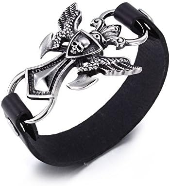 HAMANY Men's Genuine Leather Bracelet Bangle with Stainless Steel Pirate Skull Gothic,Silver Black
