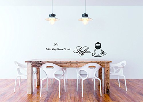 greenluup® Wandtattoo Spruch der frühe Vogel braucht viel Kaffee Küche Esszimmer Schlafzimmer in Schwarz - 5