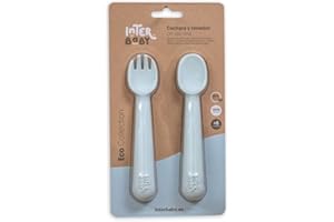 INTERBABY Set Cubiertos: cuchara y tenedor de silicona en azul grisáceo