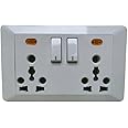 Jmd Gold Modular International Extension Switch & Socket 3 Pin 3 Way Two Socket 6/13/16 Amp Two Switch 16 A with Indicator Heavy Duty Multipurpose Use 240 V White