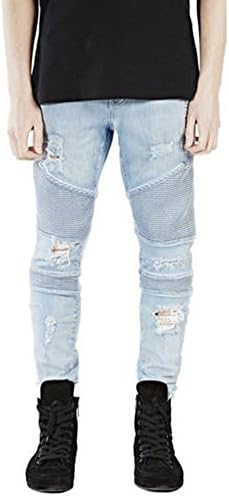 Stretch Slim Fit Ripped Abraised Distressed Cut Motorcycle Jeans For Men Blue 30
