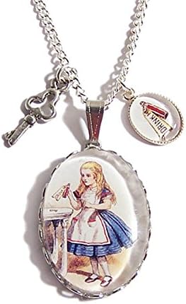 LunarraStar Women Silver Plated Oval Glass Alice in Wonderland Drink Me Illustration Charm Necklace Pendant