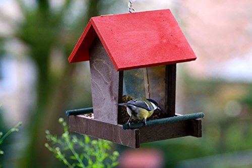 dobar 91108FSCe Futterspender Vogelhaus aus Holz für Wildvögel, 16 x 20 x 21 cm, rot / braun / grün - 4