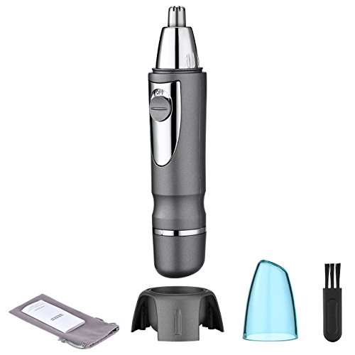 OMorc Recortador electrónico de vello para nariz y orejas, Cortapelo para nariz y orejas, incluye soporte, Cubierta protectora, cepillos, bolso del almacenaje, color Gris-plata