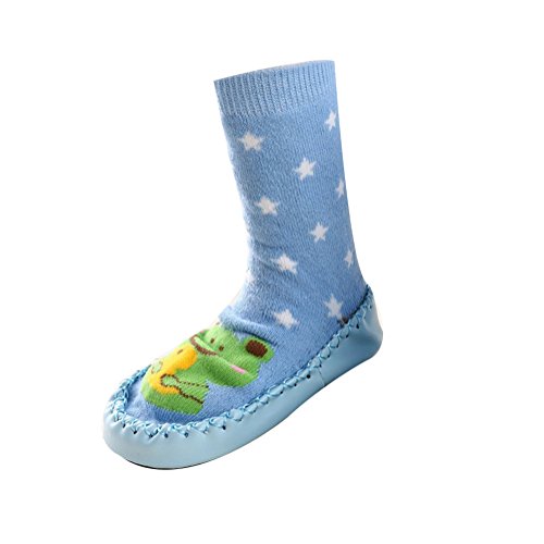 Moolecole Baby Toddlers Kids Indoor Slippers Shoes Socks Moccasins NON SKID Striped Frog Floor Socks 0-6, 6-12, 12-18 & 18-24 Months
