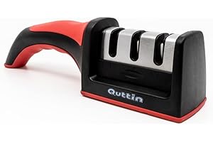 VAPPORE Quttin Afilador Cuchillos Cocina con Base Antideslizante, Afilador de Cuchillos Profesional 3 Etapas: Reparar, Restaurar y Pulir. Afilador de Cuchillos de Cocina Manual (Rojo/Negro)