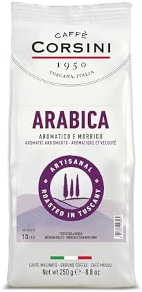 Caffè Corsini – Caffè Macinato 100% Arabica, Gusto Delicato Morbido e Aromatico, Note di Caramello e Cioccolato, Tostatura Media, 250g