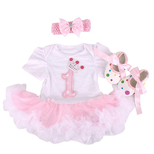 Highdas Newborn Baby Girls' 3PCs 1st Birthday Tutu Dress With Headband Shoes Princess Party Dresses,12-18 Months