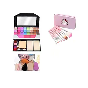 Womens and Girls KTABRIZ TYA Fashion 6155 Multicolour Makeup Kit and 7 Pink LightWeight Makeup Brushes Set with 6 Beauty Blender Sponges Pack - (Pack of 14)