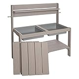 DIE OBERFLÄCHEN DES UMWELTFREUNDLICHEN UND VIELSEITIGEN SPIEL- UND WASSERTISCHES sind abwaschbar und pflegeleicht. Die Abmessungen der Outdoor-Küche betragen: 88x101x35 cm (HxBxT).