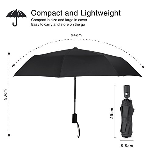 PLEMO Auto Open Close Compact Travel Folding Umbrella with Anti-Slip Rubberized Grip, Windproof and Waterproof Portable for Business and Travel (Classic Black)