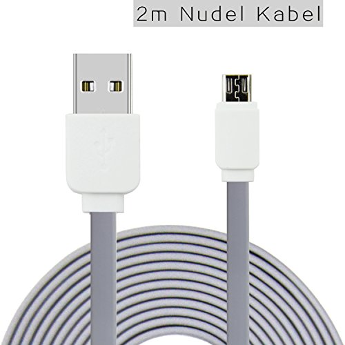 Telckabel 2m Micro USB Nudel Kabel Flates Daten- und Ladekabel für alle Android Apparaten Samsung Huawei Nokia Sony Blackberry usw, Grau