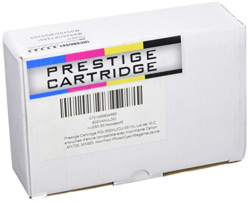 Prestige Cartridge PGI-550XL CLI-551XL Lot de 10 Cartouches d encre
compatible avec Imprimante Canon Pixma iP7150 iP7250 iP8750 iX6850
MG5450 MG5550 MG5650 MG6350 MG6450 MG6650 MG7150 MG7550 MX725 MX925
Noir Noir Photo Cyan Magenta Jaune