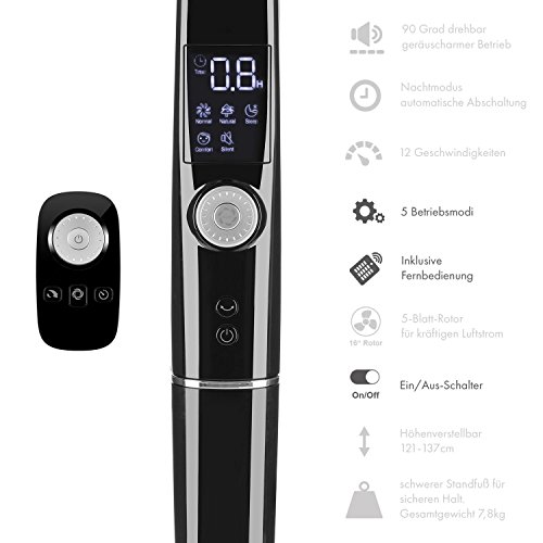 Klarstein • Silent Storm • Ventilator • Standventilator • mit Fernbedienung • leise • 5-Blatt-Rotor • 16″ (41cm) Durchmesser • 5 Betriebsmodi • Drehregler • energiesparend • 35 Watt • 12 Geschwindigkeiten • 12 Stunden-Timer • stabiler Fuß • schwarz - 8