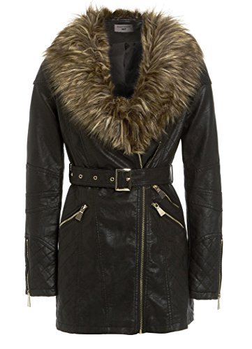 SS7 New Women's Faux Leather Fur Long Biker Jacket, Black, Sizes 8 to 10