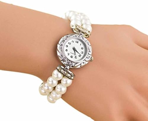 Hmeng Women Elegant Metal Pearl Crystal Bracelet Bangle Stretch Square Dial Wristwatch Wrist Watch (White)