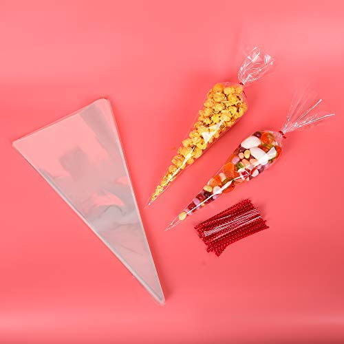 Clear Cellophane Cone Party Bags?LZHOO 100x party cones bags with red cellophane bag twist ties, for wedding?anniversary, christmas, birthday party