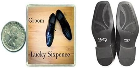 Lucky Wedding Day Sixpence Coin & Help Me Shoe Stickers for the Groom & Traditional Keepsake Gift idea for The Groom. Fiancé, Husband, Son, Friend.