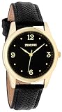 FERENZI Damen Uhr | Analog Quarz Uhr Arabische Zahlen 35mm Gold Gehäuse mit Schwarzem PU Kunstleder Armband in Litschi Optik | FZ20203