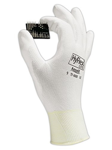 Ansell 116006 HyFlex Lite 11-600 Polyurethane Coated Knit Gloves, 8.5" Length, 4.5" Width, 0.33" Height, Size 6, White (Pack of 12)