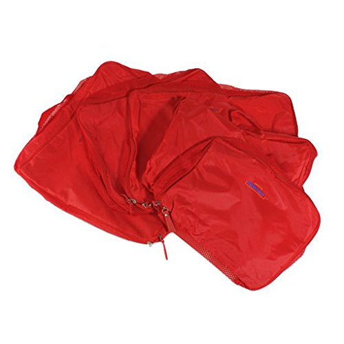 FakeFace 5er-Set Nylon Reisegepäck Robuste Aufbewahrungstasche Gepäcktaschen Set Wäsche Organizer Tasche für Koffer Kleidertasche Schminktasche Packing Cubes Beautycase Koffertaschen für Angenehme Reise (Rot) - 6