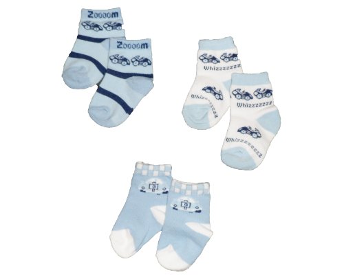 Baby Boys Cute Socks 3 Pairs - Blue & White 'Cars' Zoom/Whizz Design (0-3 Months (UK Size 0-2))